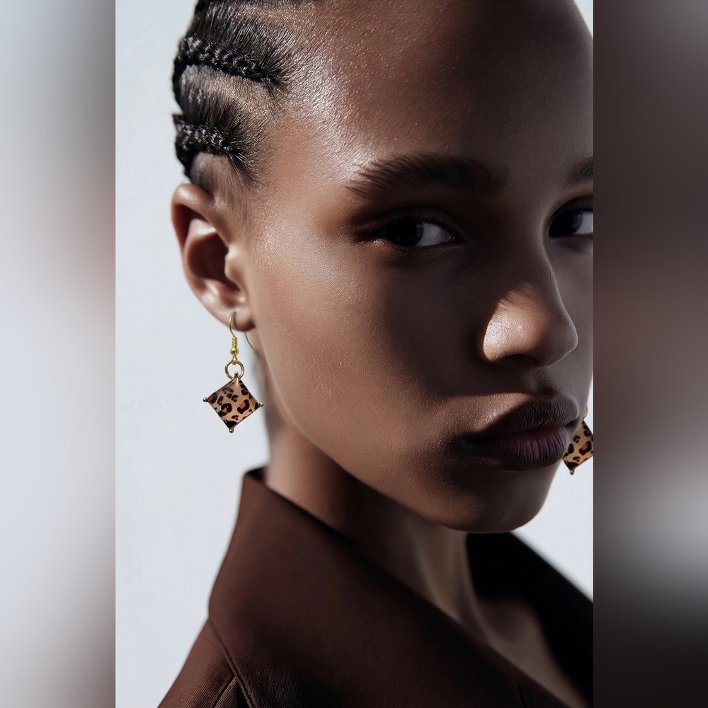 Leopard Print Diamond Drop Earrings in Brown and Gold